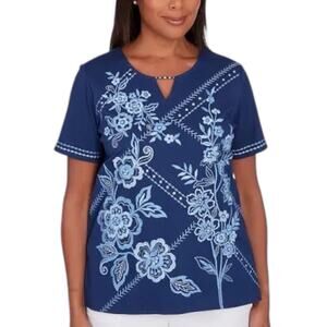 Alfred Dunner Blue Bayou Monotone Embroidery PXL Top Short Sleeve Keyhole Neck